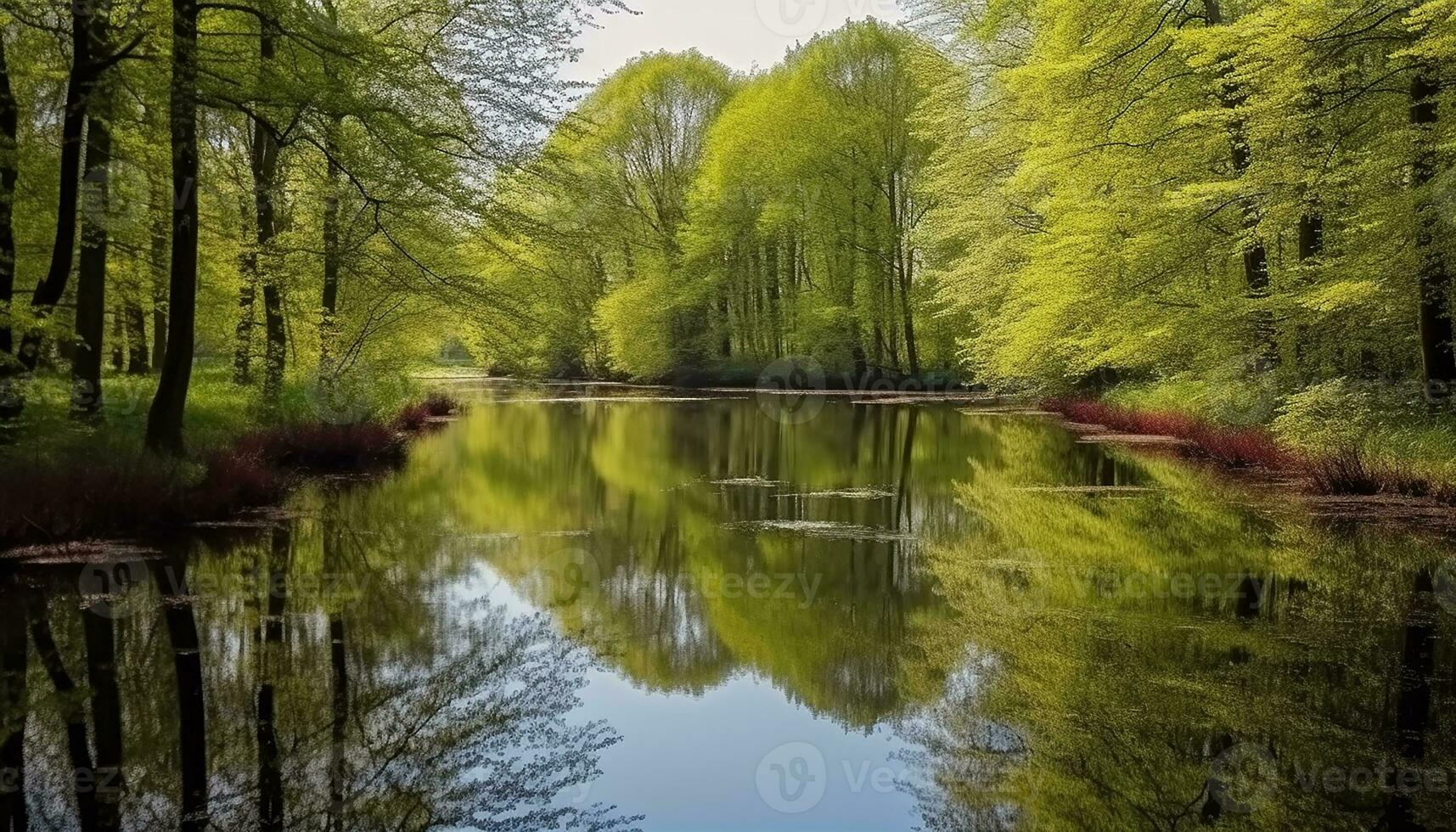 AI generated Tranquil scene of green forest reflects natural beauty generated by AI photo