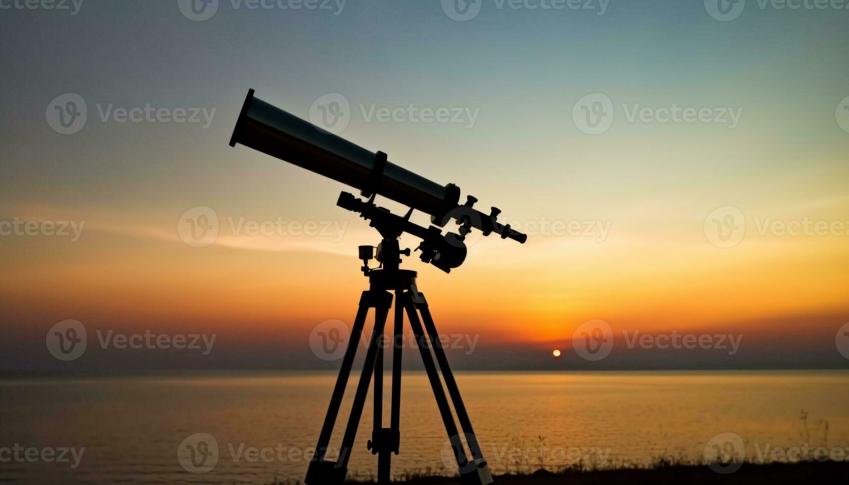 AI generated Silhouette watching sunset, astronomy telescope discovers Milky Way generated by AI photo