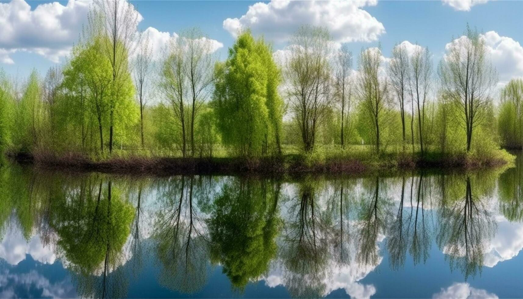 ai generado tranquilo escena de un verde bosque reflejando en agua generado por ai foto