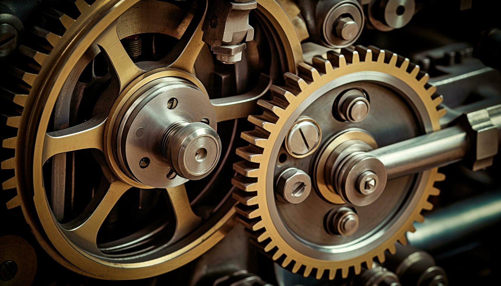 AI generated Metallic machinery turning in close up, interlocked gears generated by AI photo