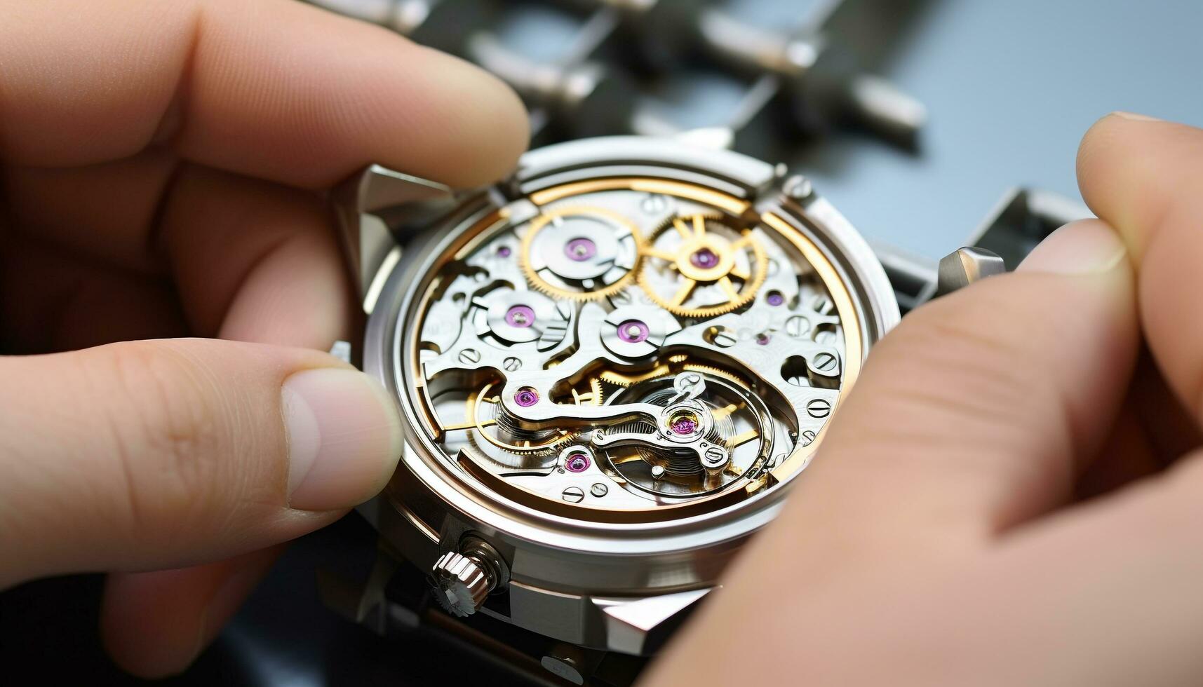 AI generated Hand holding wristwatch, repairing small clockworks with accuracy generated by AI photo