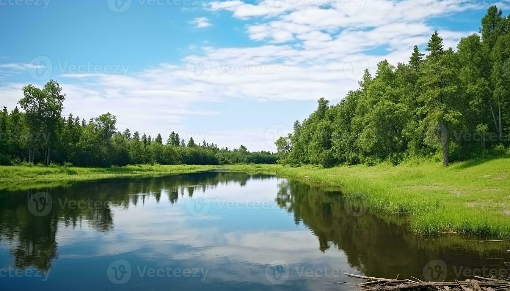 ai generado tranquilo escena de verde prado refleja en estanque generado por ai foto