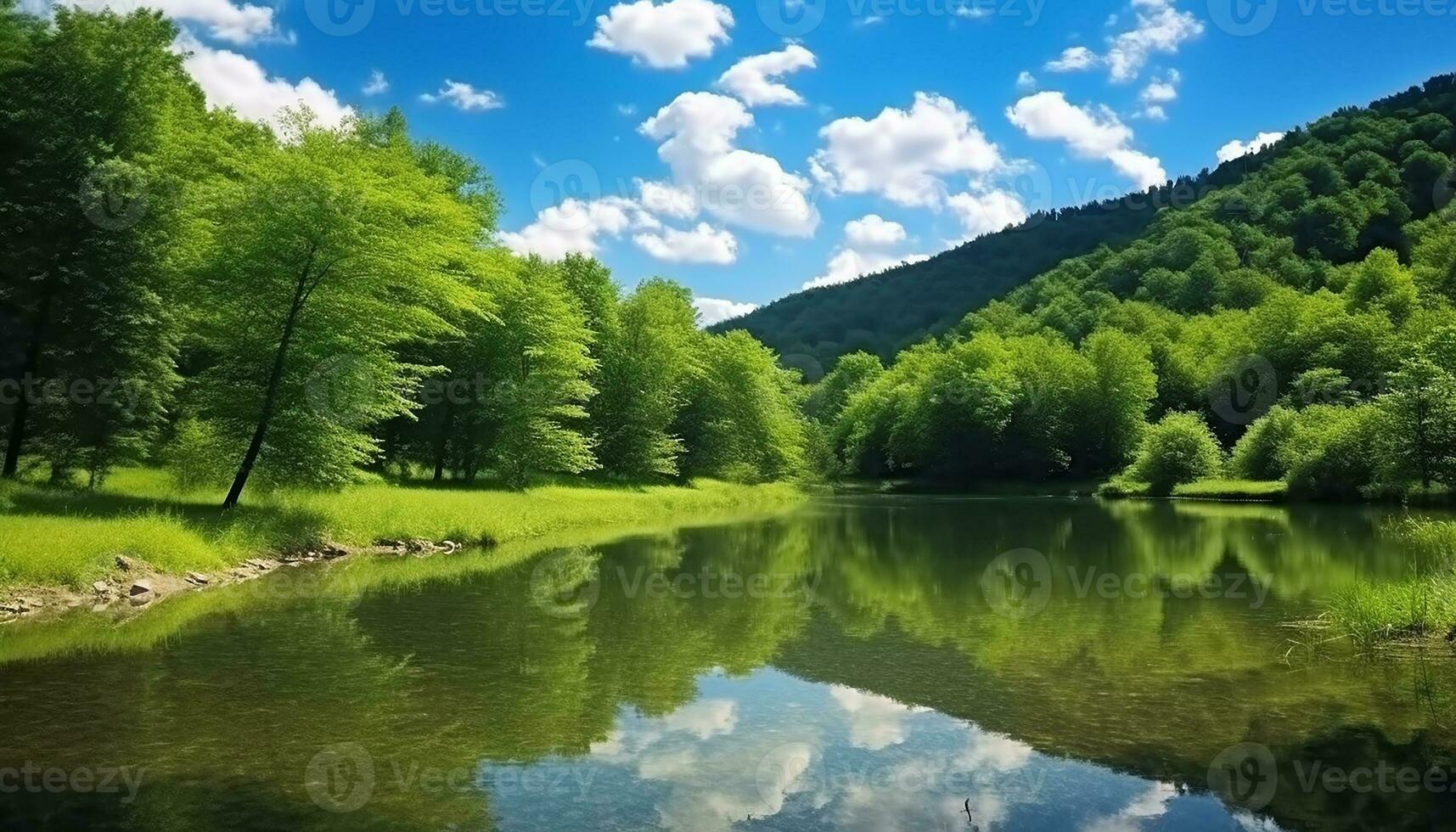 AI generated Green trees reflect in tranquil pond, nature beauty generated by AI photo