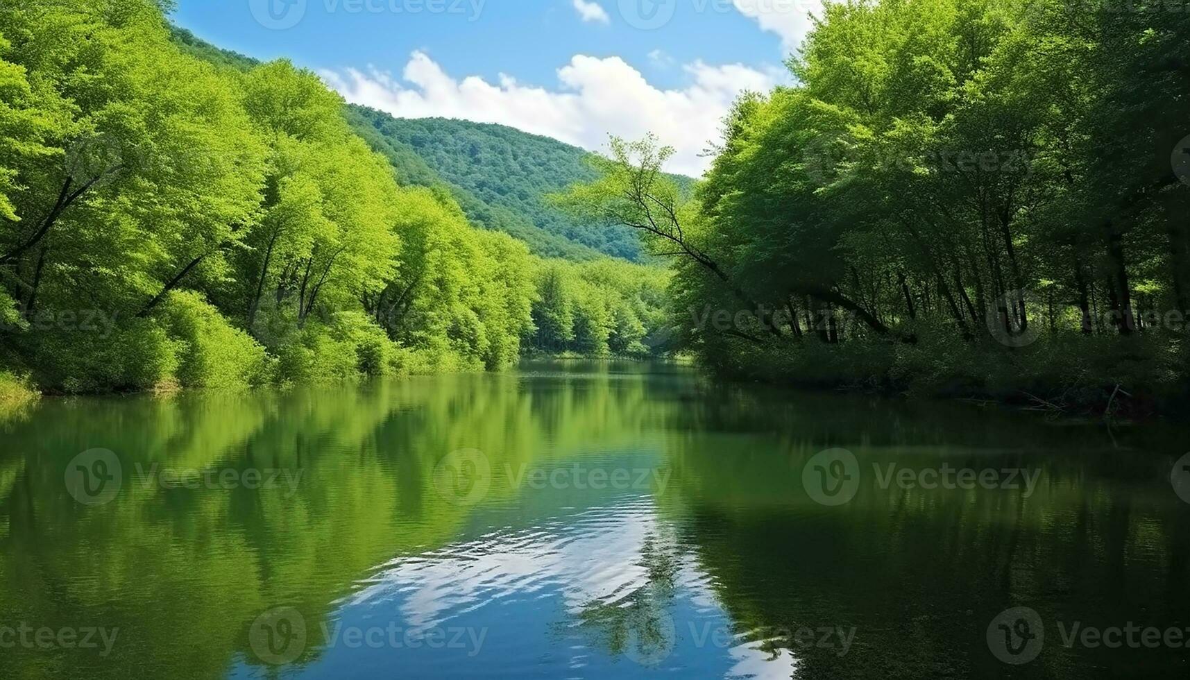 ai generado tranquilo escena de verde bosque refleja en agua generado por ai foto