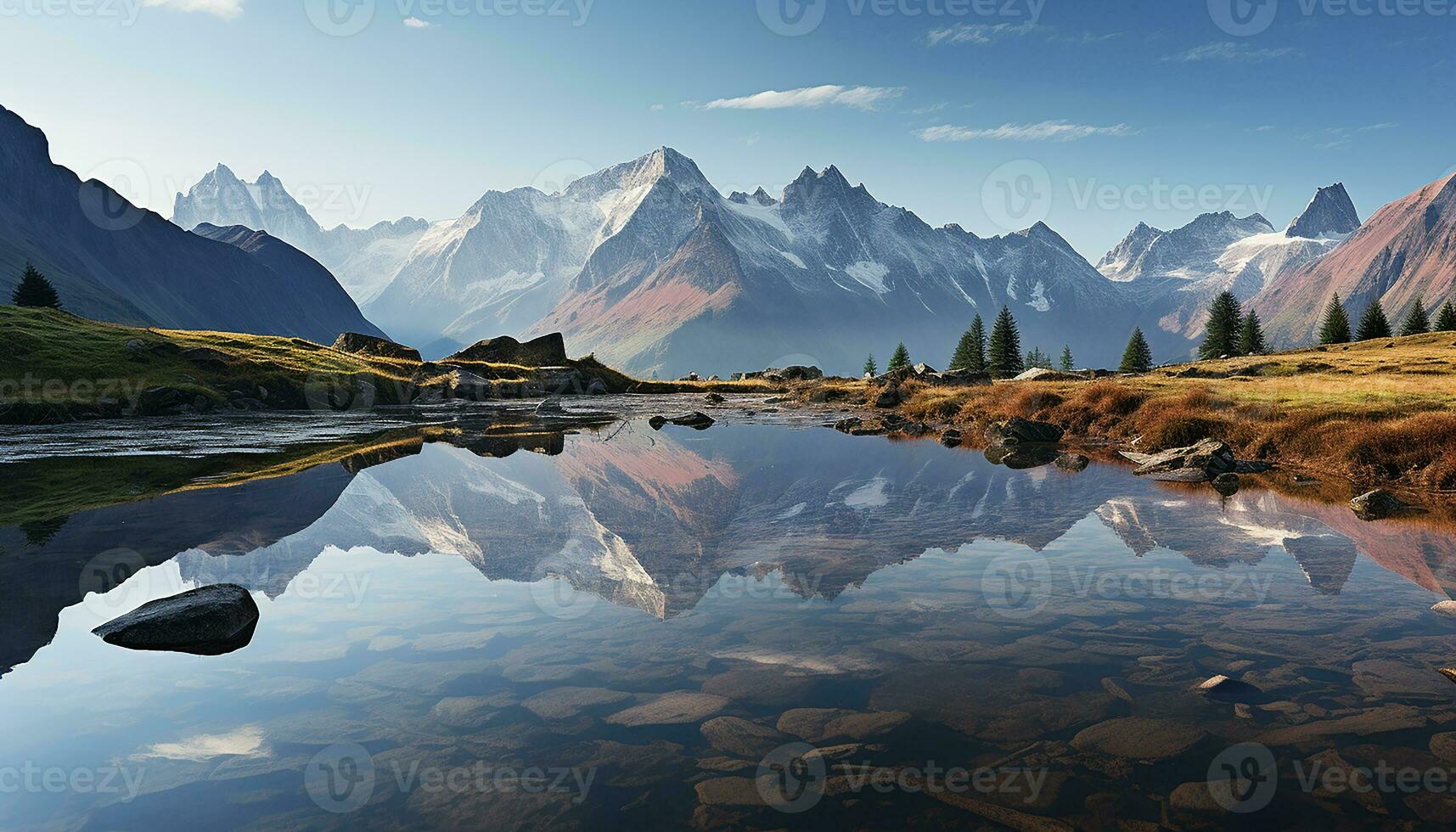 AI generated Majestic mountain peak reflects tranquil sunset on water generated by AI photo