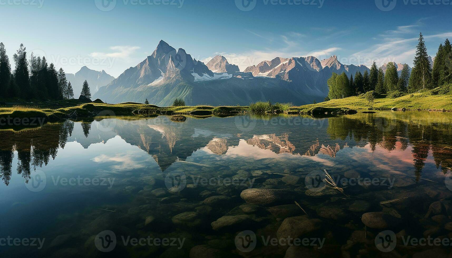 AI generated Majestic mountain peak reflects tranquil sunset on water generated by AI photo