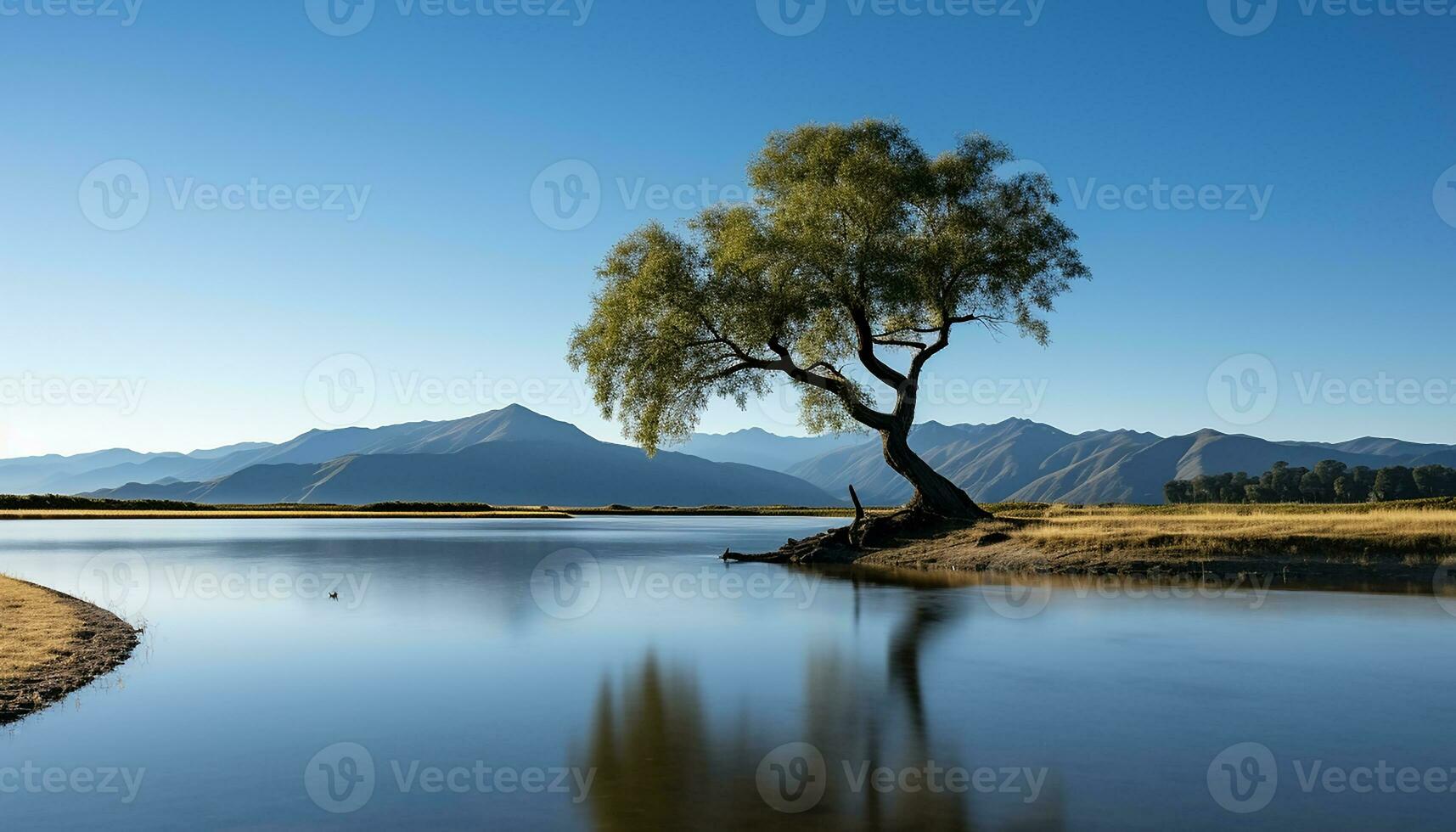 ai generado tranquilo escena de montaña reflexión en claro agua generado por ai foto