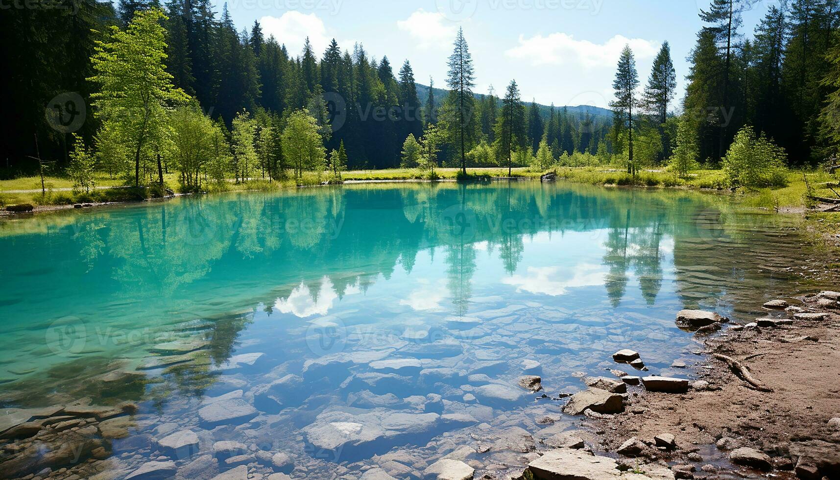 AI generated Majestic mountain peak reflects in tranquil blue pond generated by AI photo