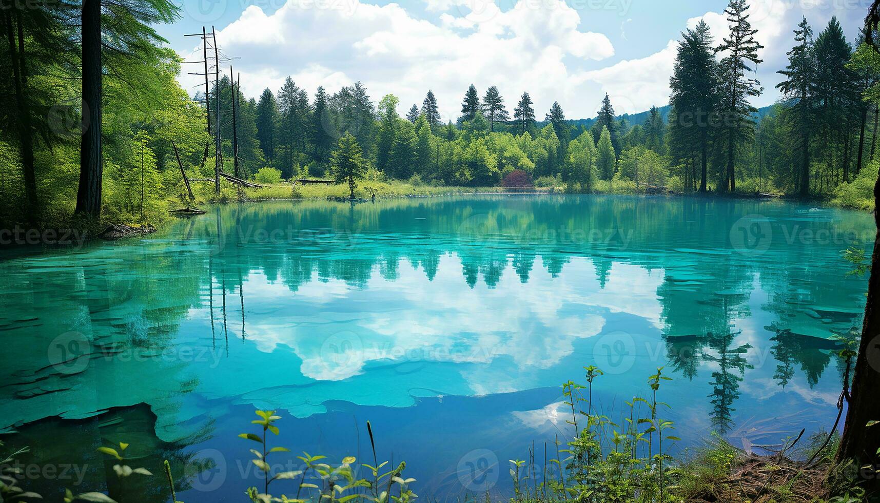 AI generated Tranquil scene of green forest reflects in pond generated by AI photo