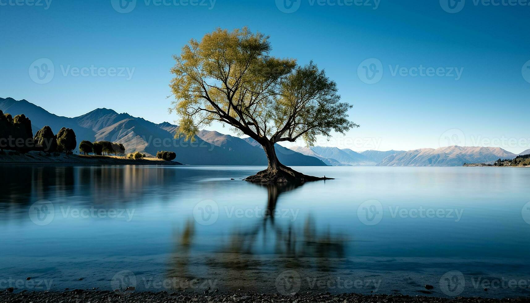 AI generated Mountain peak reflects in tranquil blue water generated by AI photo