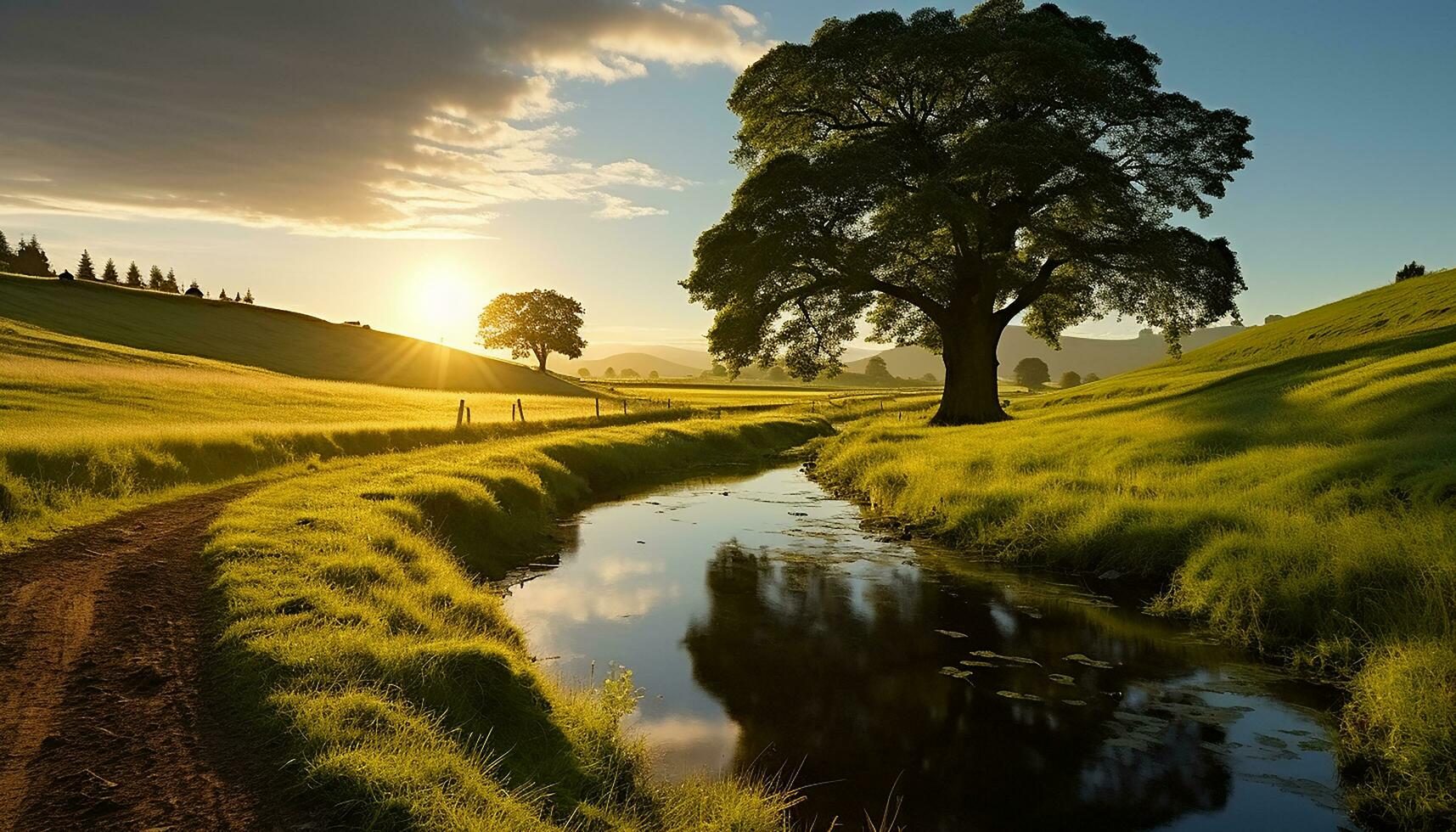 ai generado tranquilo puesta de sol terminado rural prado, naturaleza belleza generado por ai foto