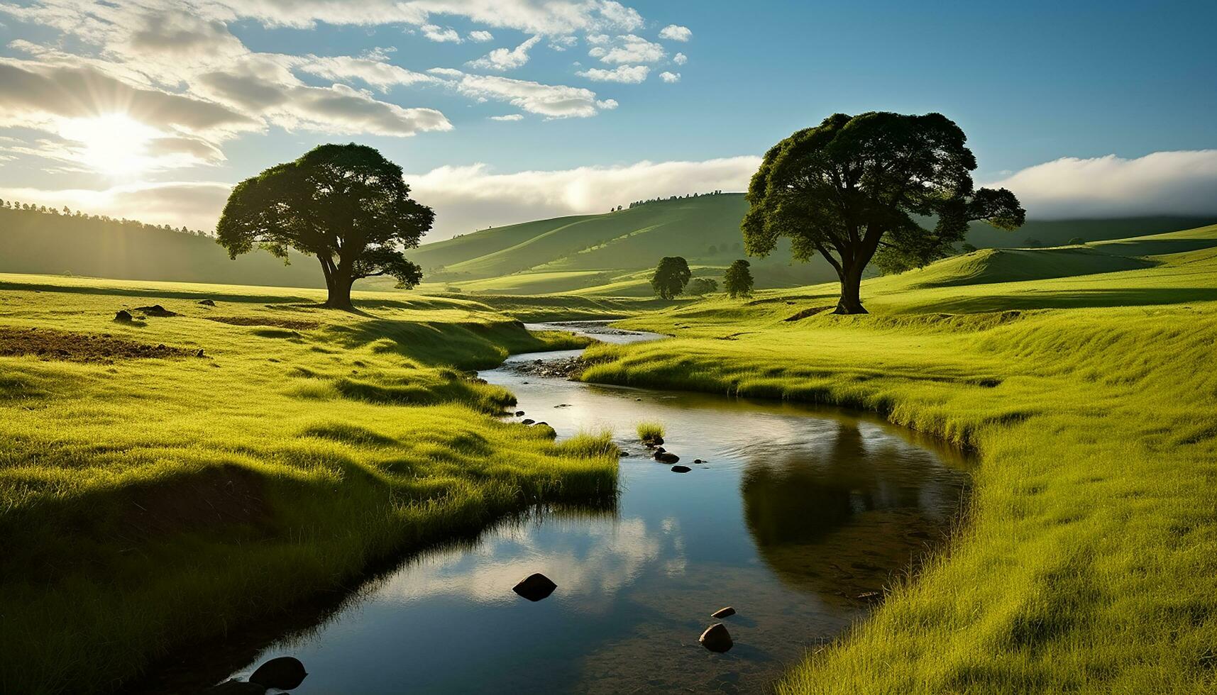 ai generado tranquilo prado, verde árbol, puesta de sol terminado agua generado por ai foto