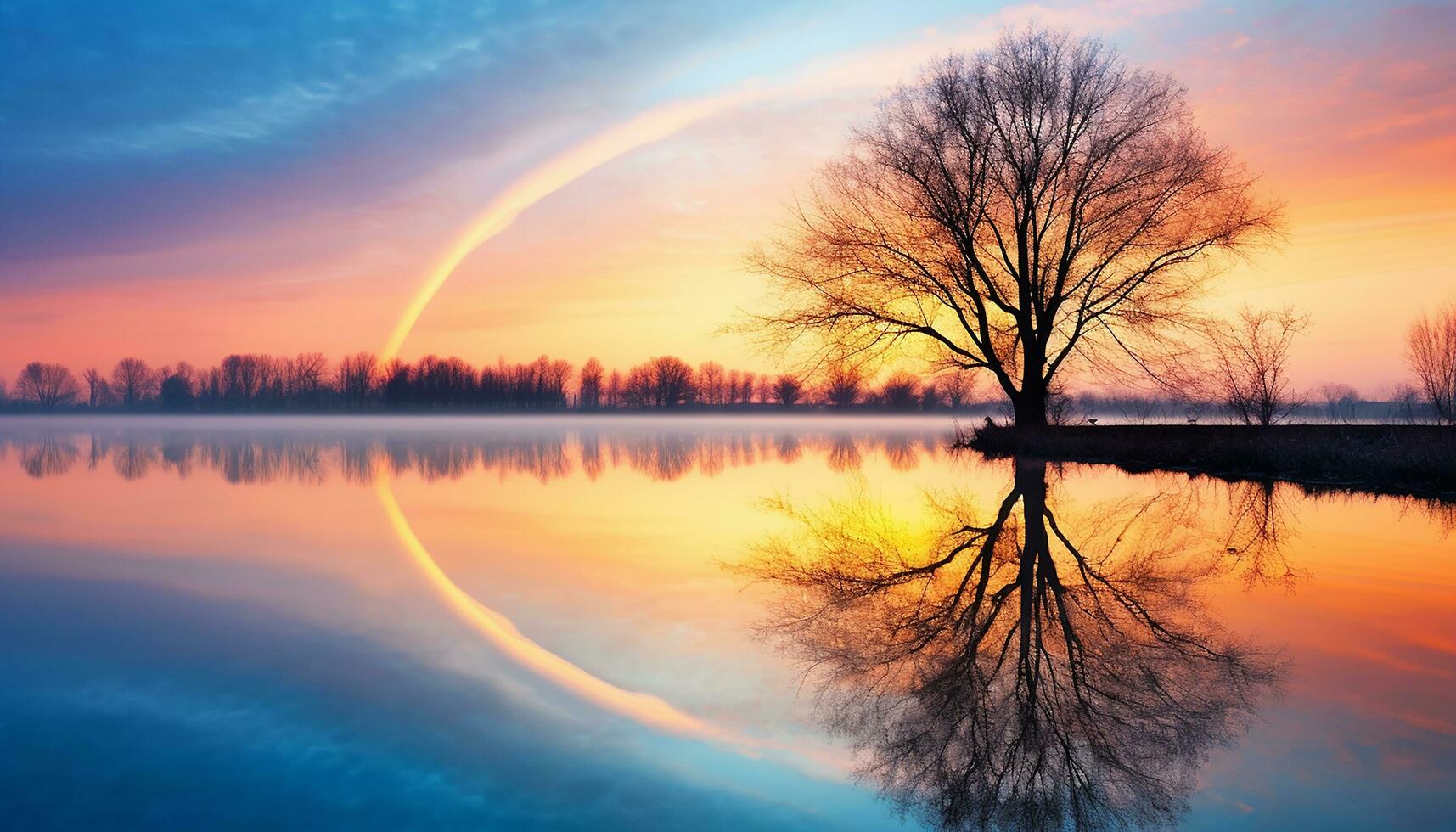 AI generated Sunset over water, tree silhouette, vibrant colors generated by AI photo