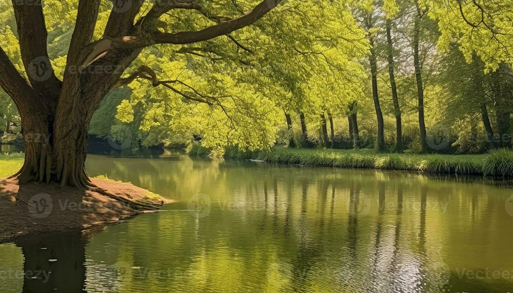 AI generated Tranquil scene of a green forest reflecting in water generated by AI photo