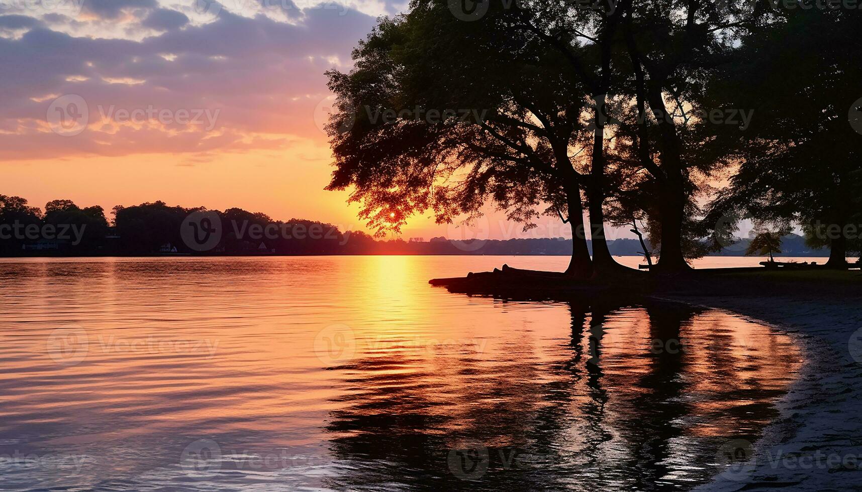 AI generated Silhouette of tree reflects tranquil sunset on water generated by AI photo