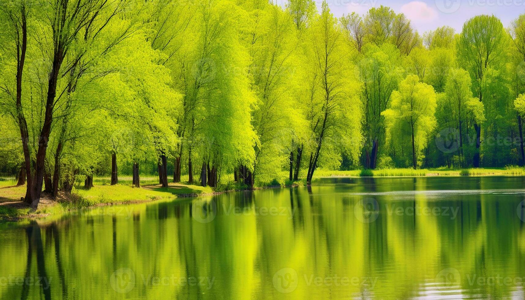 AI generated Tranquil scene of green meadow reflects vibrant nature generated by AI photo