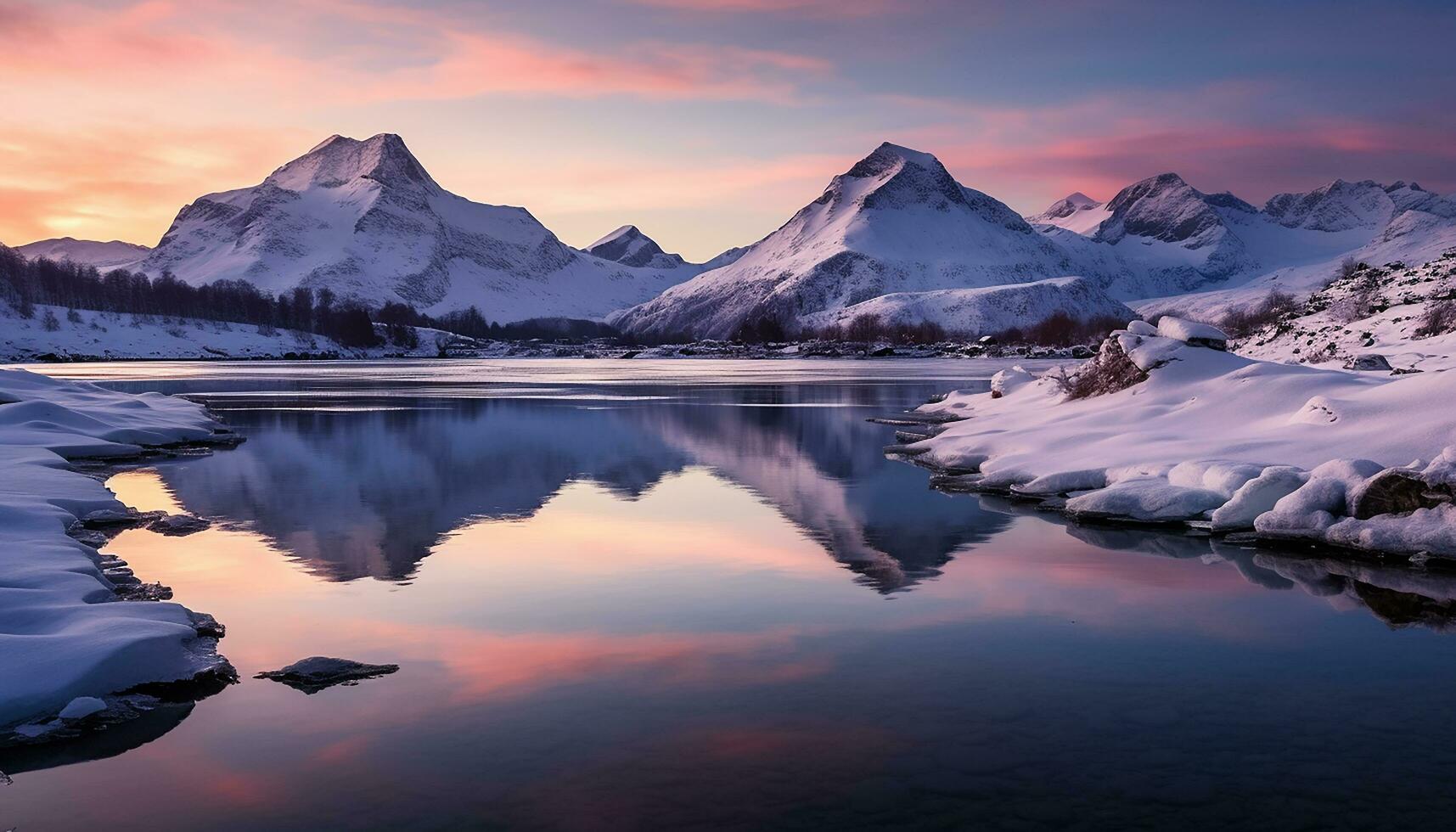 AI generated Majestic mountain peak reflects tranquil sunset on water generated by AI photo