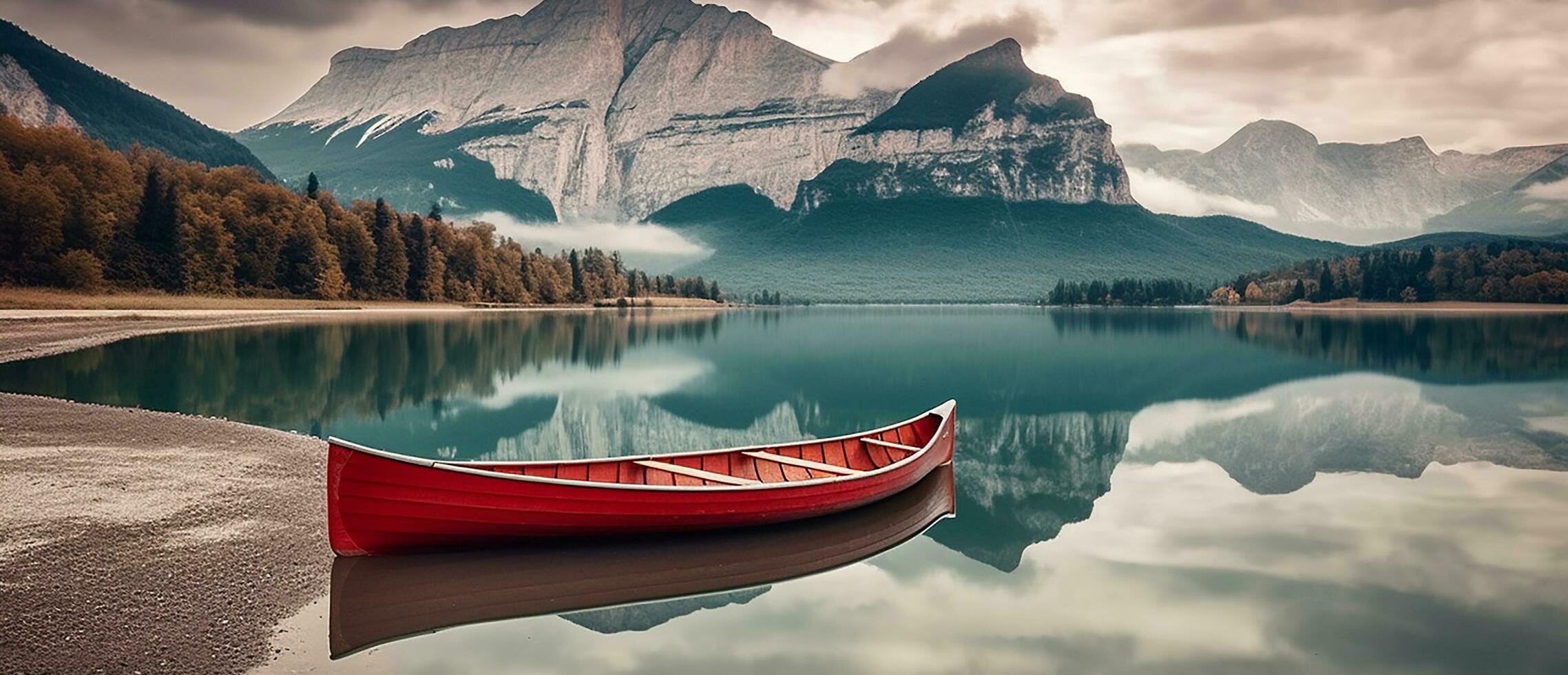 AI generated Tranquil scene of mountain reflection in Alberta generated by AI photo
