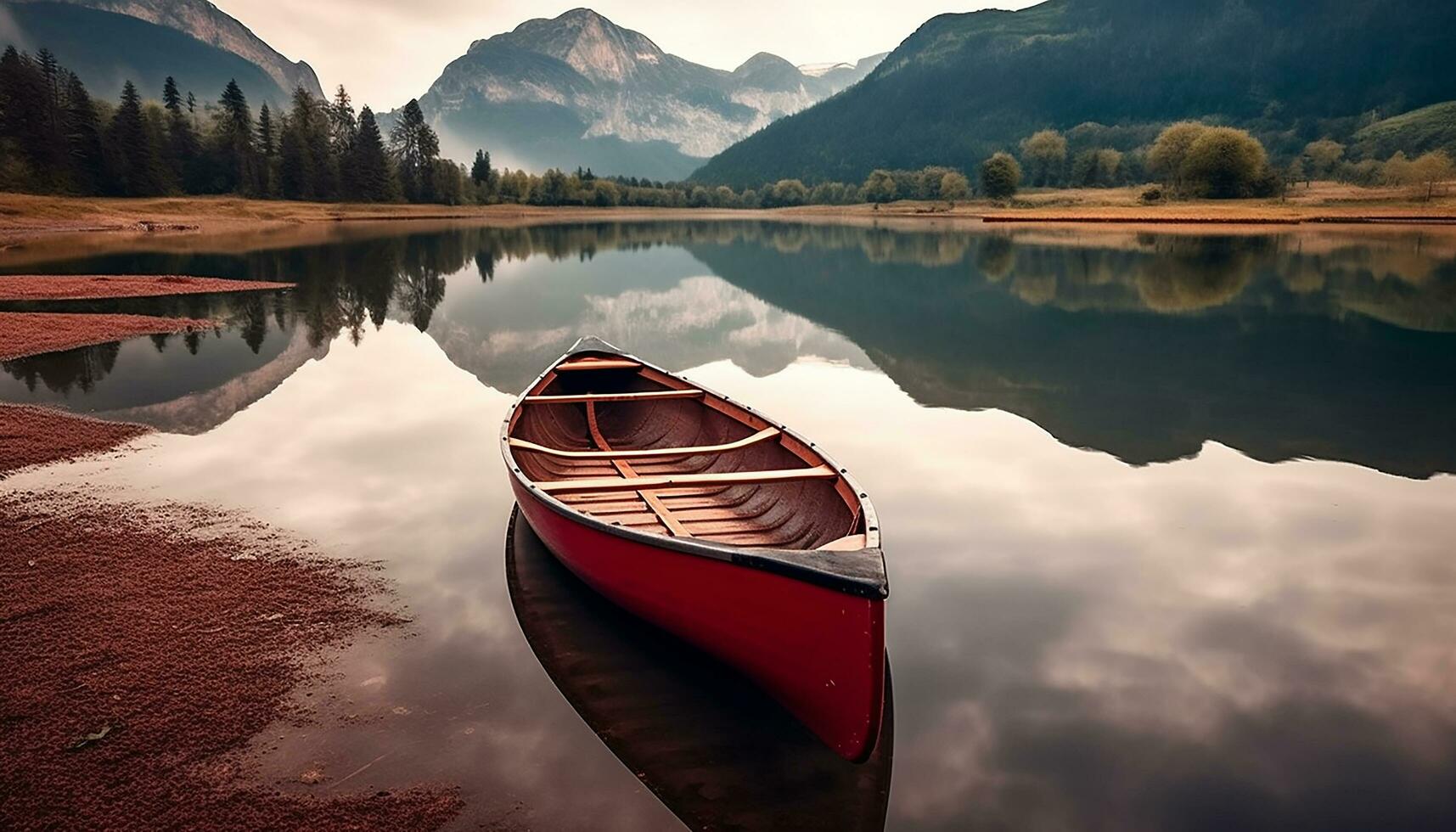 AI generated Tranquil scene of canoeing on peaceful mountain pond generated by AI photo