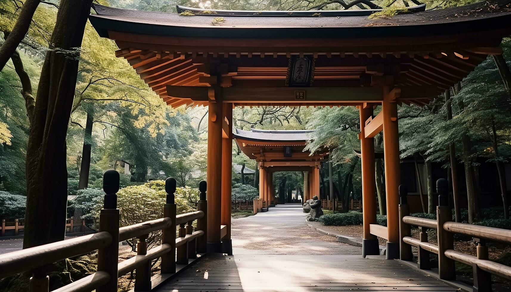 AI generated Ancient pagoda in tranquil Japanese forest landscape generated by AI photo