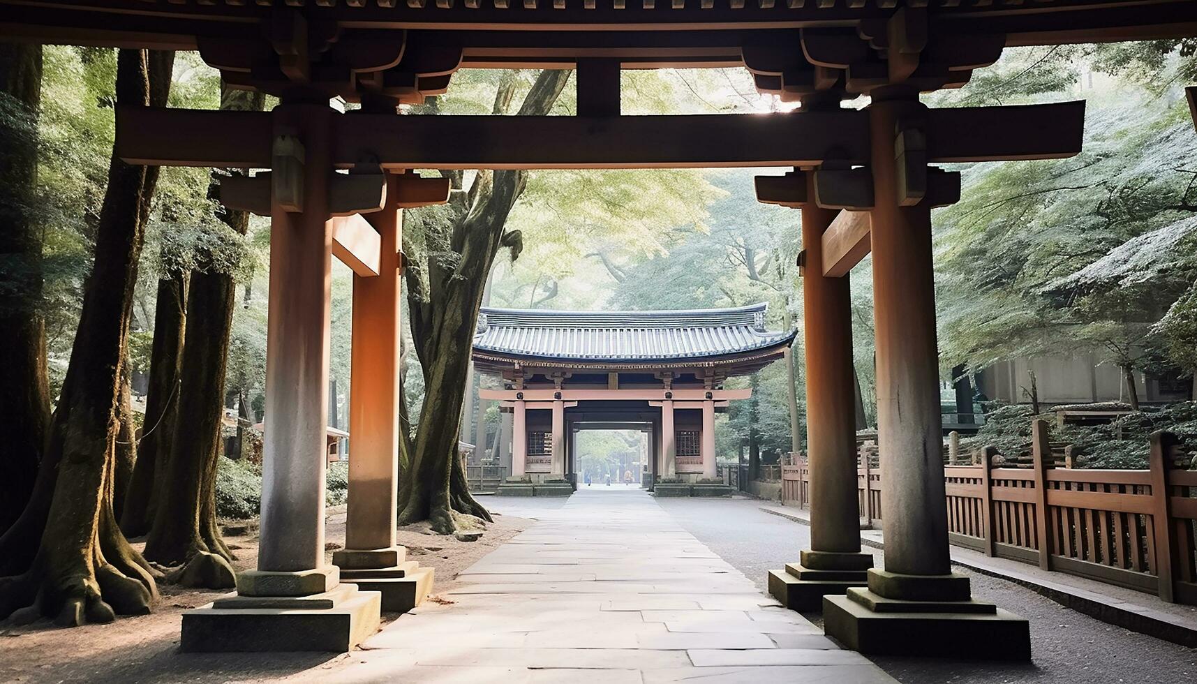 AI generated Ancient torii gate leads to tranquil Japanese temple generated by AI photo