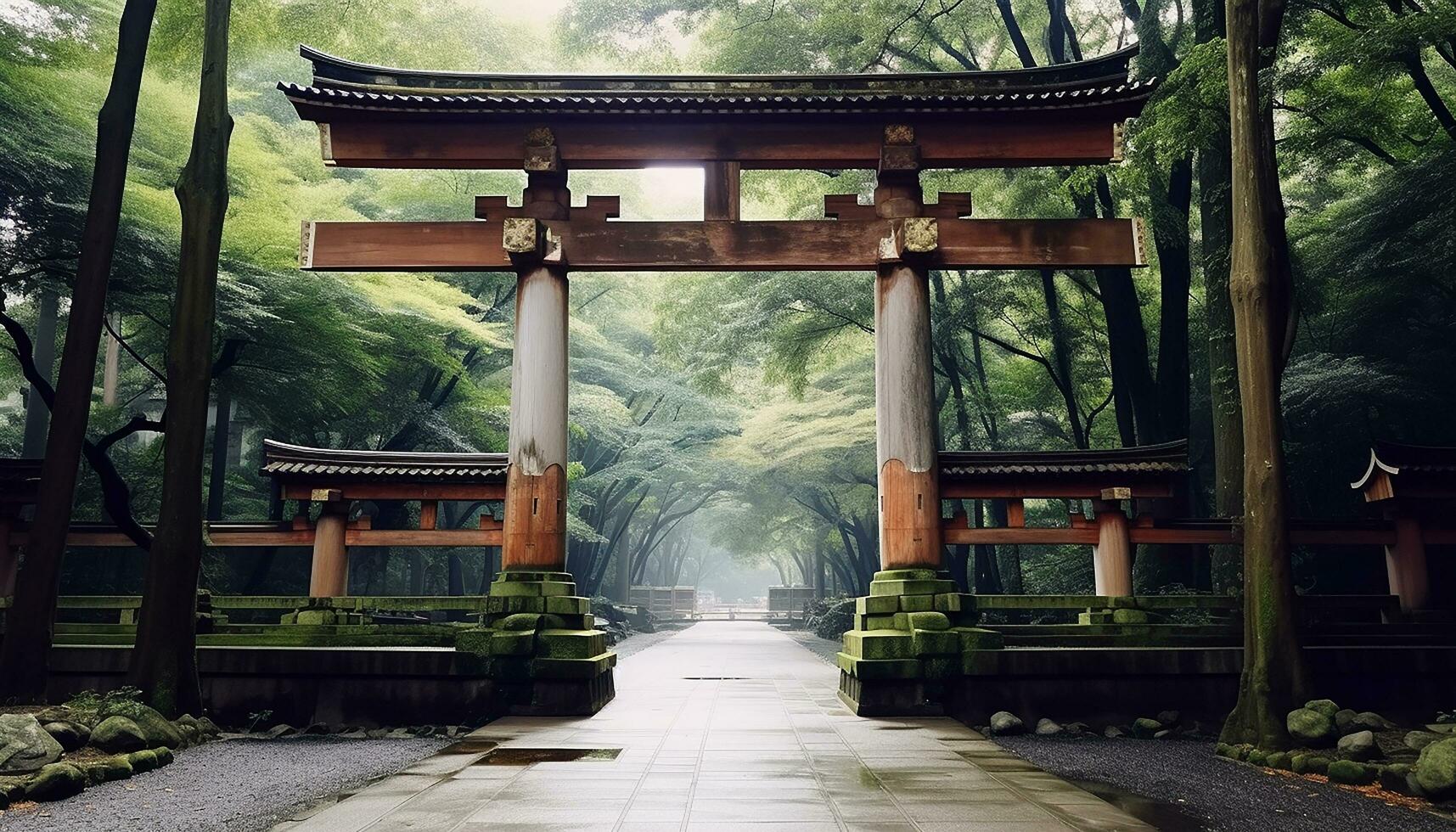 ai generado tranquilo escena de antiguo pagoda en japonés bosque generado por ai foto