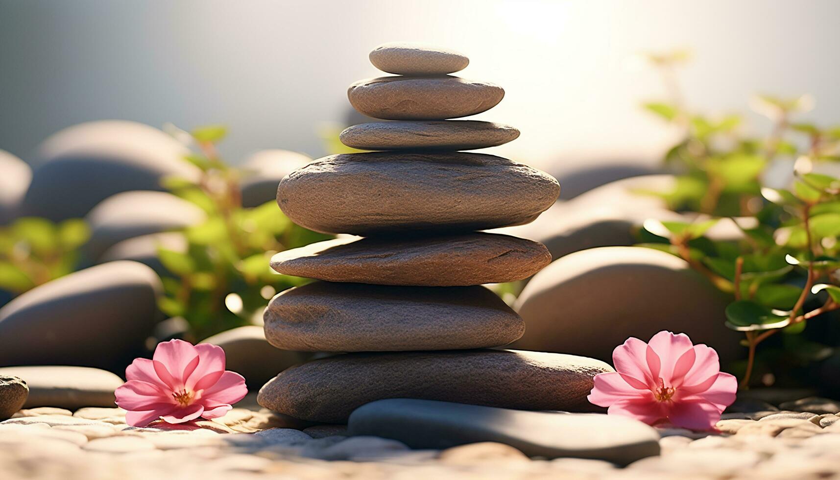 AI generated Stacked pebbles create harmony in a tranquil scene generated by AI photo