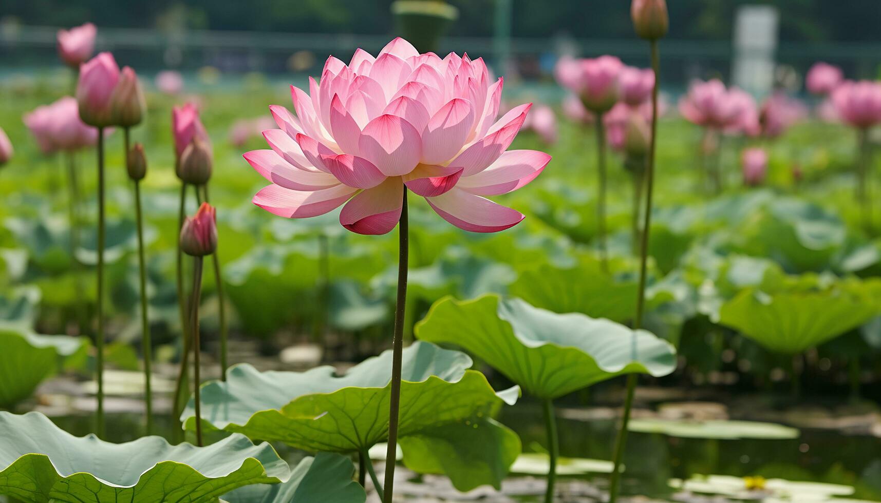 AI generated Vibrant lotus blossoms bloom in a tranquil meadow generated by AI photo