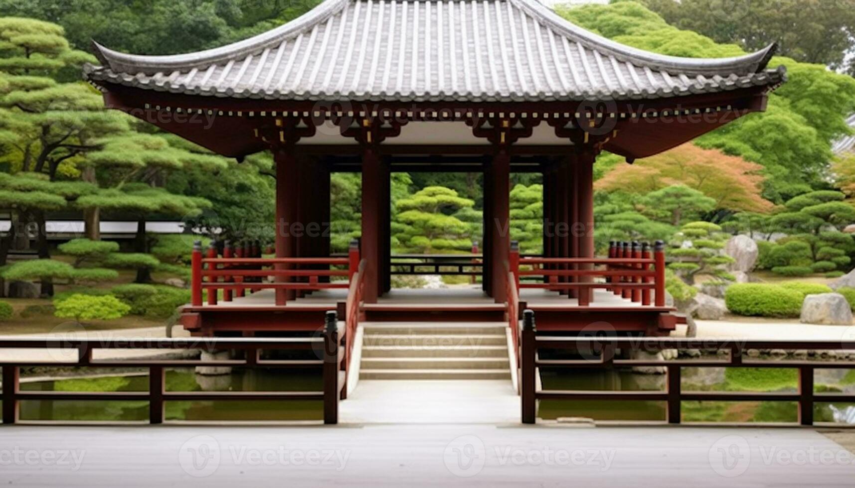 ai generado antiguo pagoda en tranquilo japonés formal jardín generado por ai foto