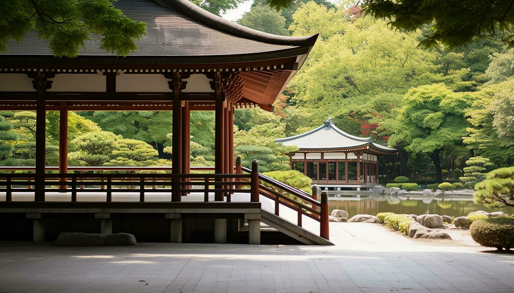 AI generated Ancient pagoda in tranquil Japanese formal garden generated by AI photo