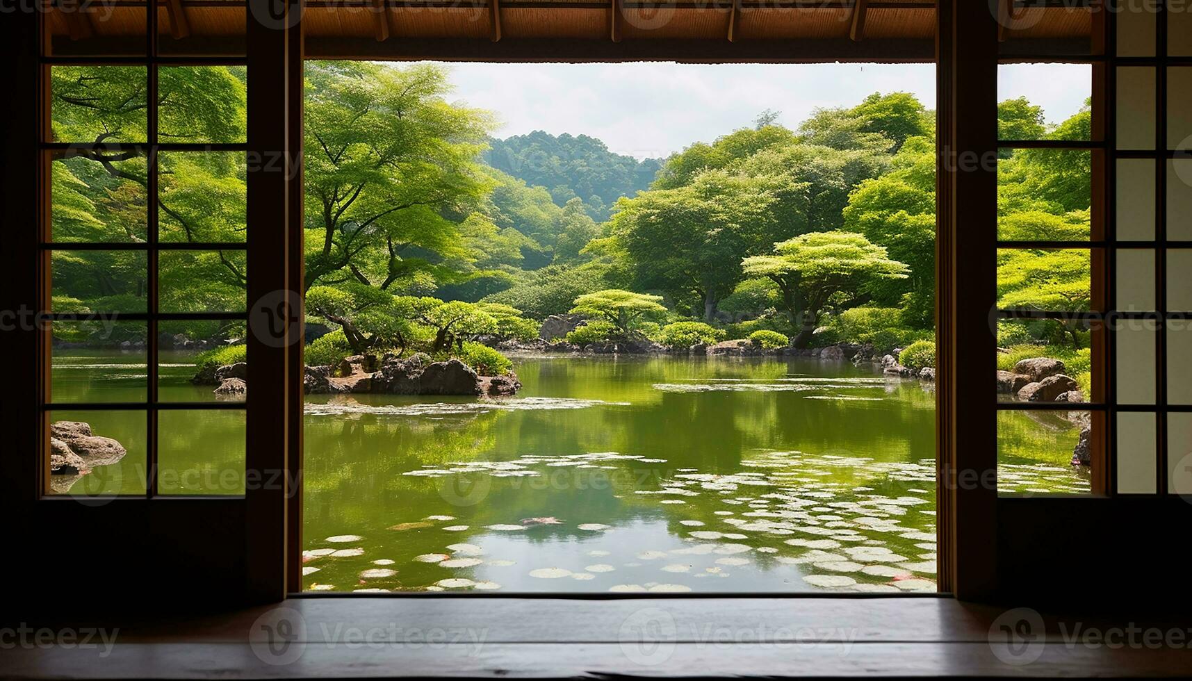 AI generated Window reflects tranquil forest landscape, nature beauty indoors generated by AI photo