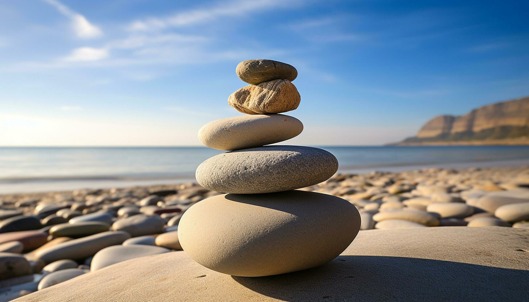 AI generated Stacked rocks on coastline create tranquil harmony generated by AI photo