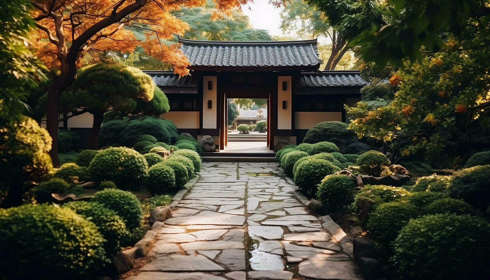 AI generated Tranquil courtyard, ancient pavilion, yellow lantern, green tree generated by AI photo