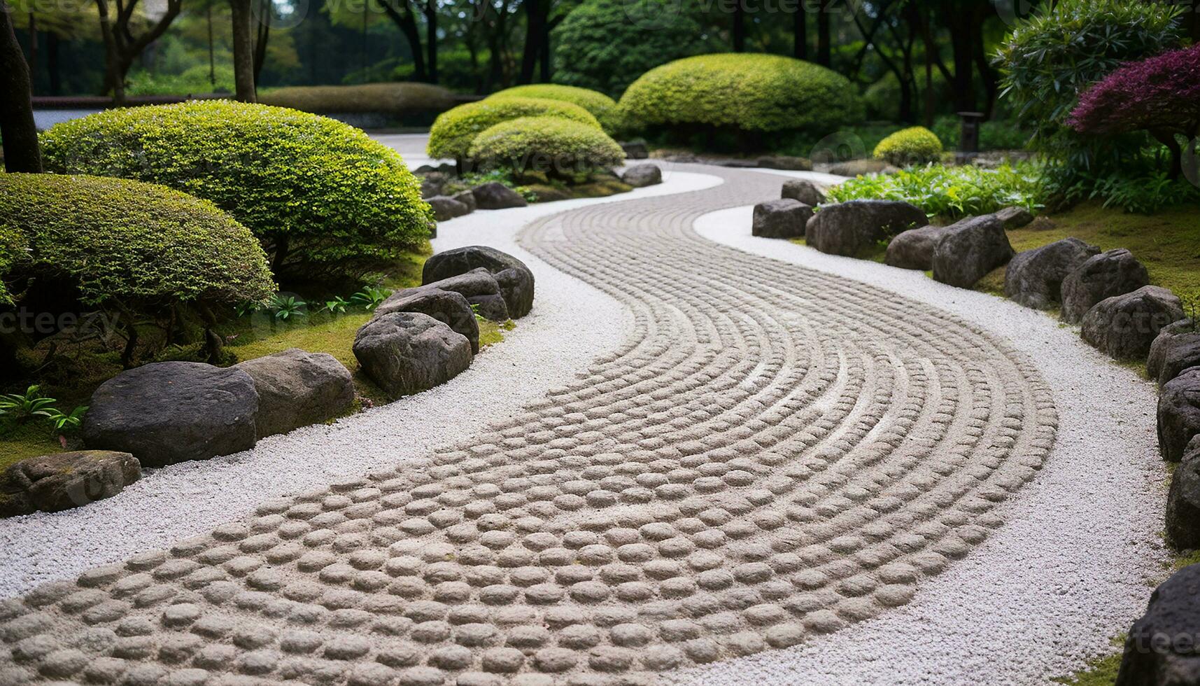 AI generated Tranquil scene, green grass, stone path, nature generated by AI photo