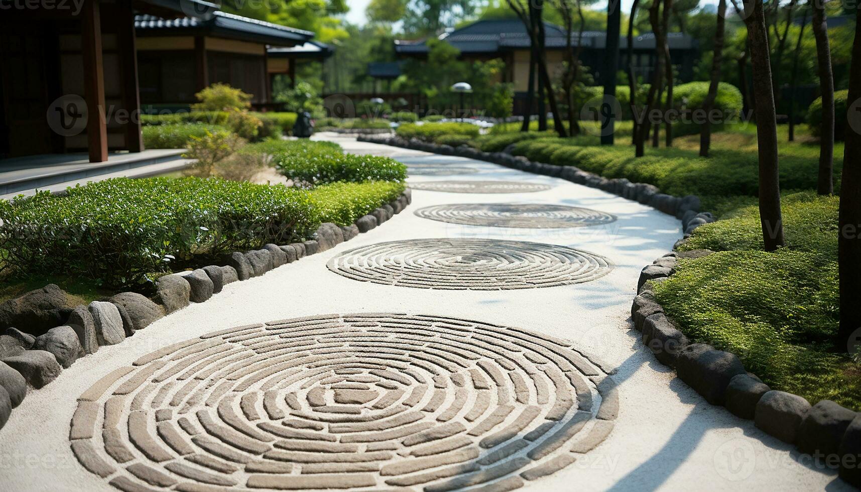 AI generated Tranquil green path curves through Japanese rock garden generated by AI photo