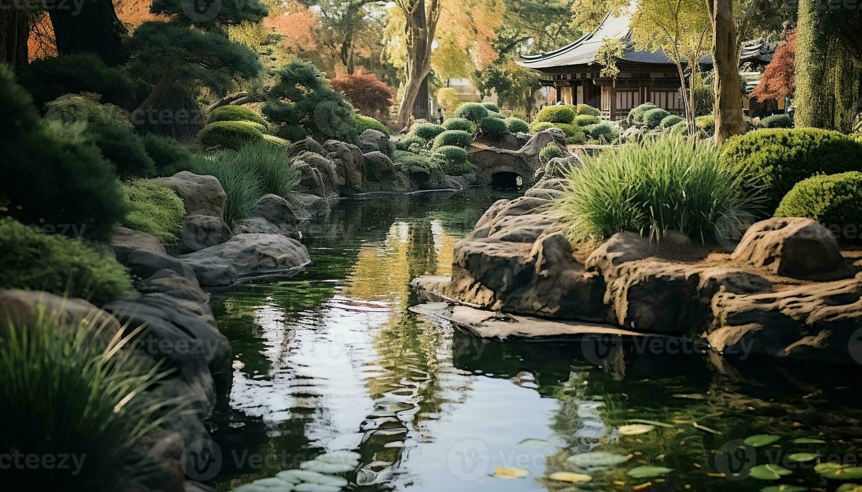 AI generated Tranquil pond reflects green tree in formal garden generated by AI photo