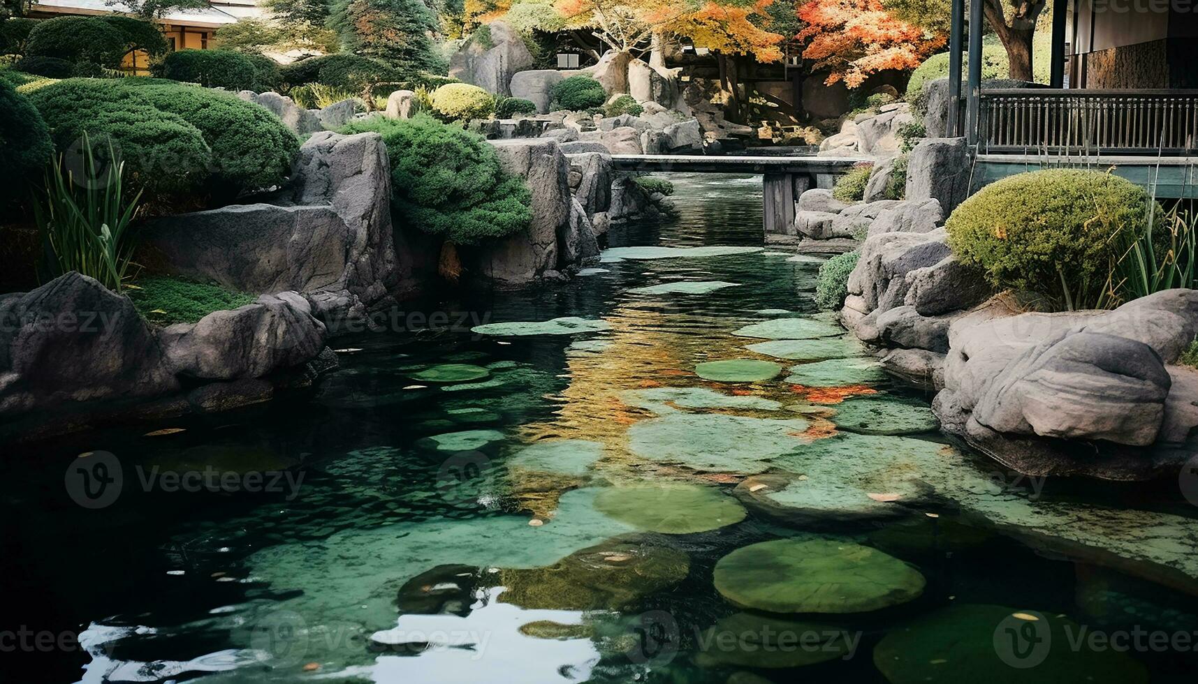 AI generated Tranquil scene of green pond reflects nature beauty generated by AI photo
