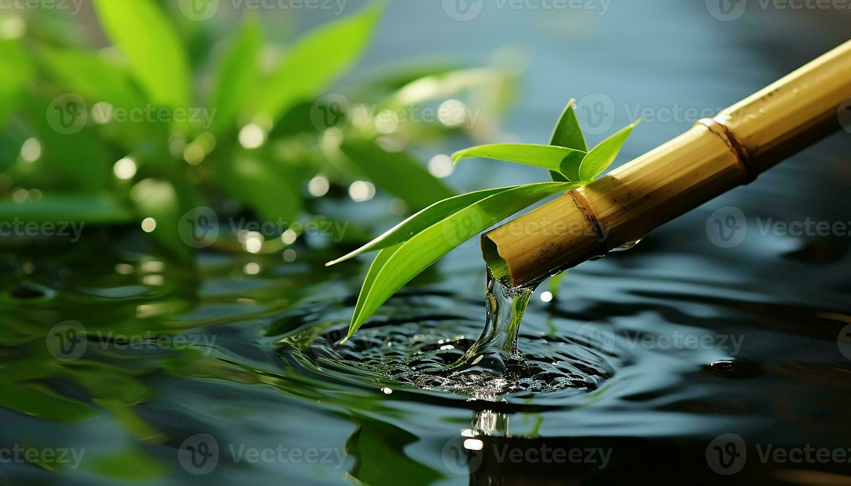 AI generated Fresh green leaf reflects in tranquil pond water generated by AI photo