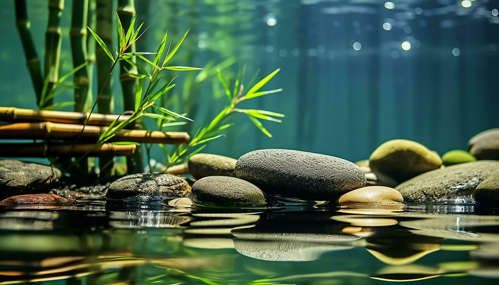 AI generated Tranquil scene, water reflects green, stone, and balance generated by AI photo