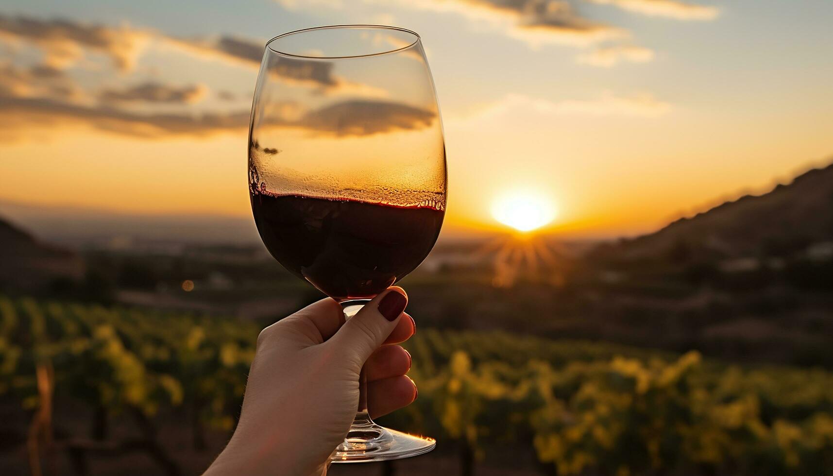 AI generated Sunset over vineyard, wineglass in hand, nature's celebration, generated by AI photo