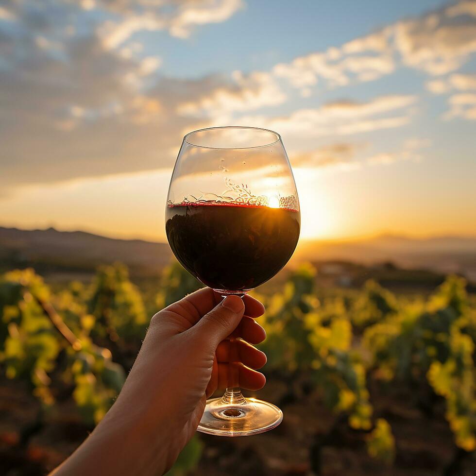 AI generated Man holding wineglass, enjoying sunset in vineyard, generated by AI photo