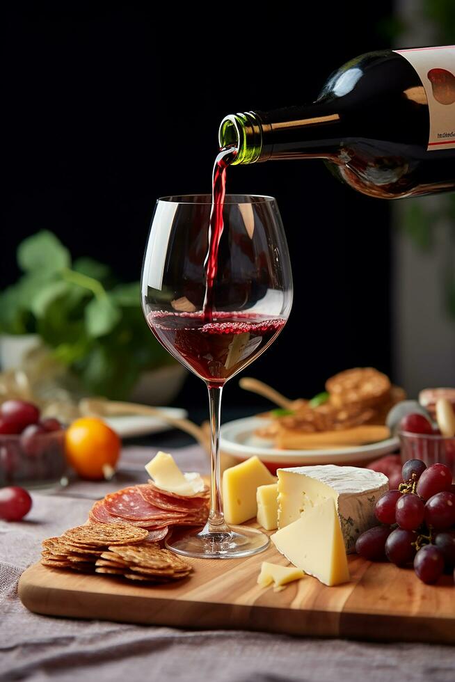 AI generated Gourmet meal with wine, bread, and cheese, generated by AI photo
