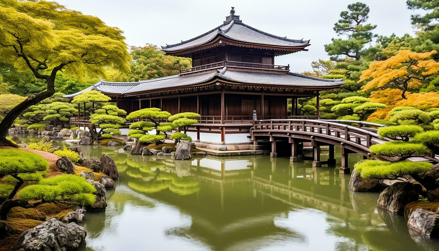 AI generated Ancient pagoda reflects tranquility in Japanese formal garden, generated by AI photo