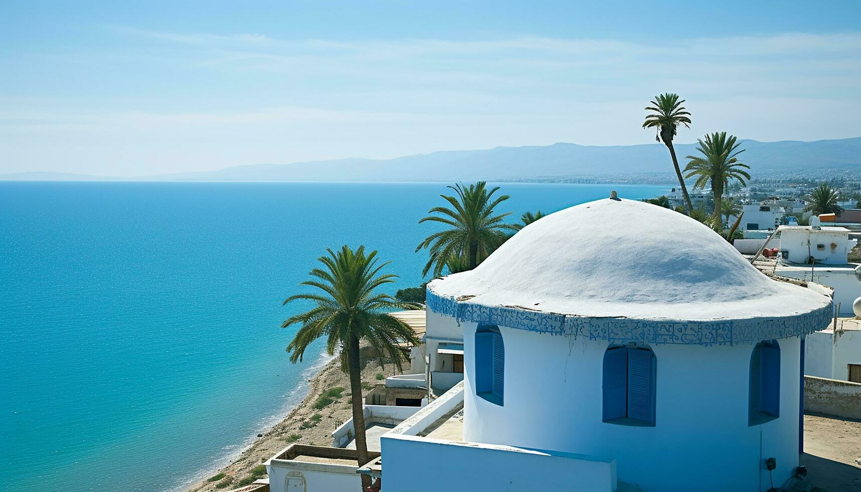 ai generado línea costera, santorini arquitectura, palma árboles, y atardecer, generado por ai foto