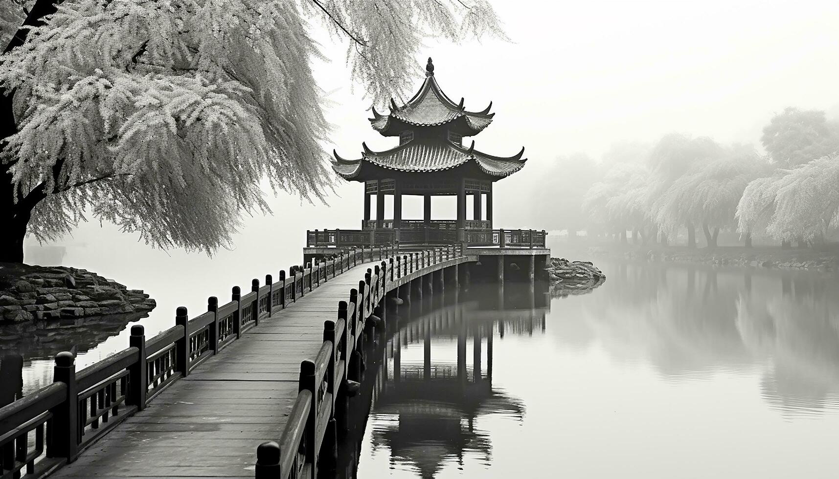 ai generado antiguo pagoda refleja en tranquilo invierno estanque, generado por ai foto