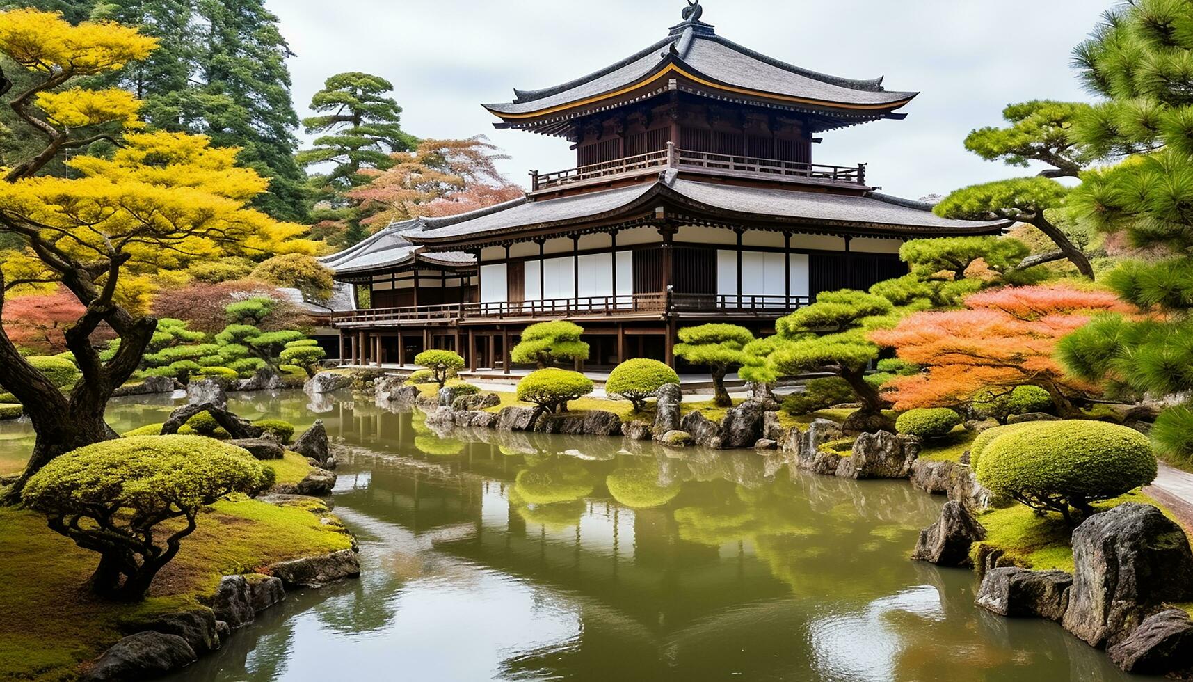 AI generated Famous place, architecture, nature, tree, Japanese culture, pond, travel, cultures, Japanese garden in nature's embrace, generated by AI photo