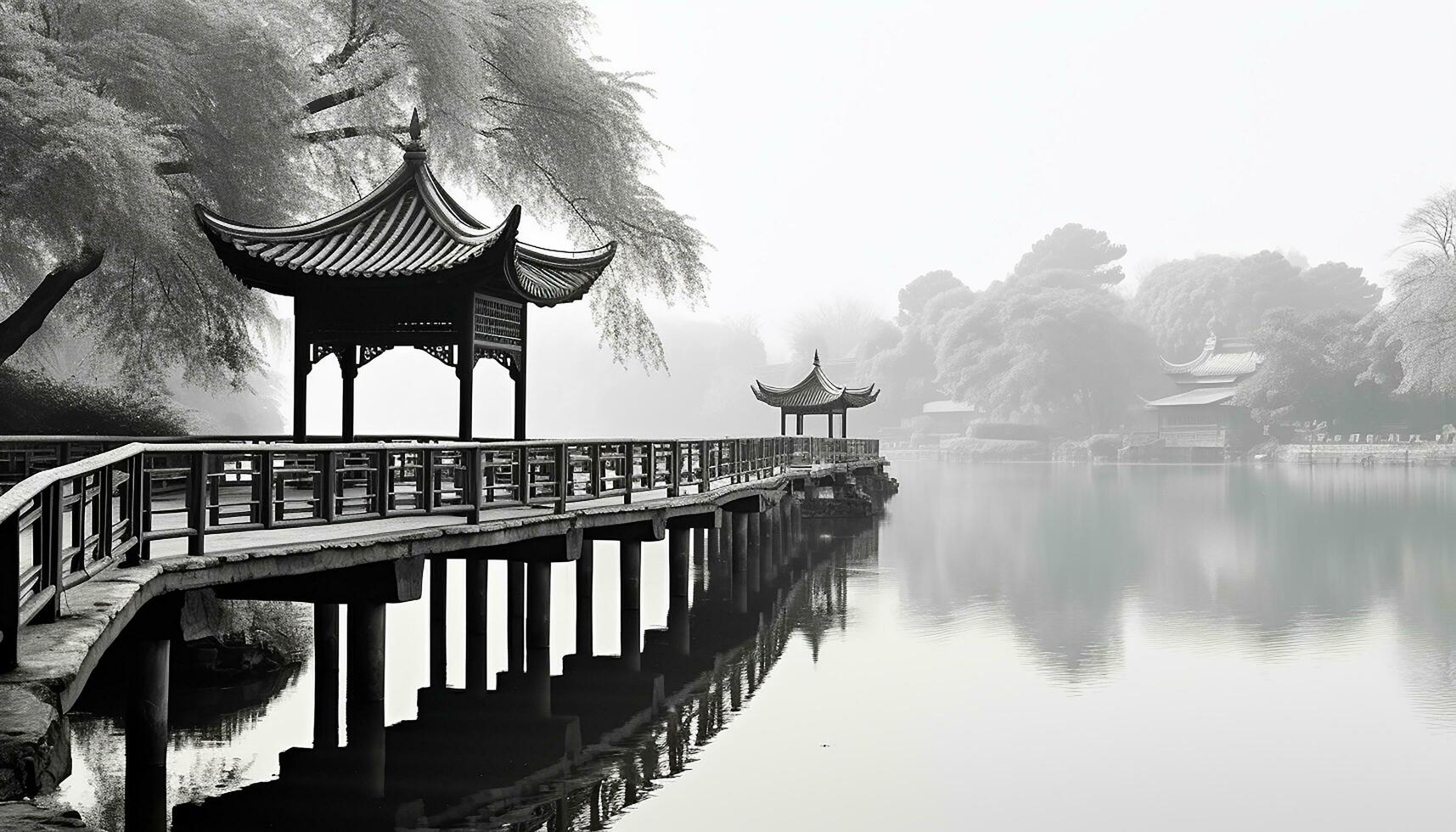 AI generated Ancient pagoda reflects in tranquil and pond, generated by AI photo