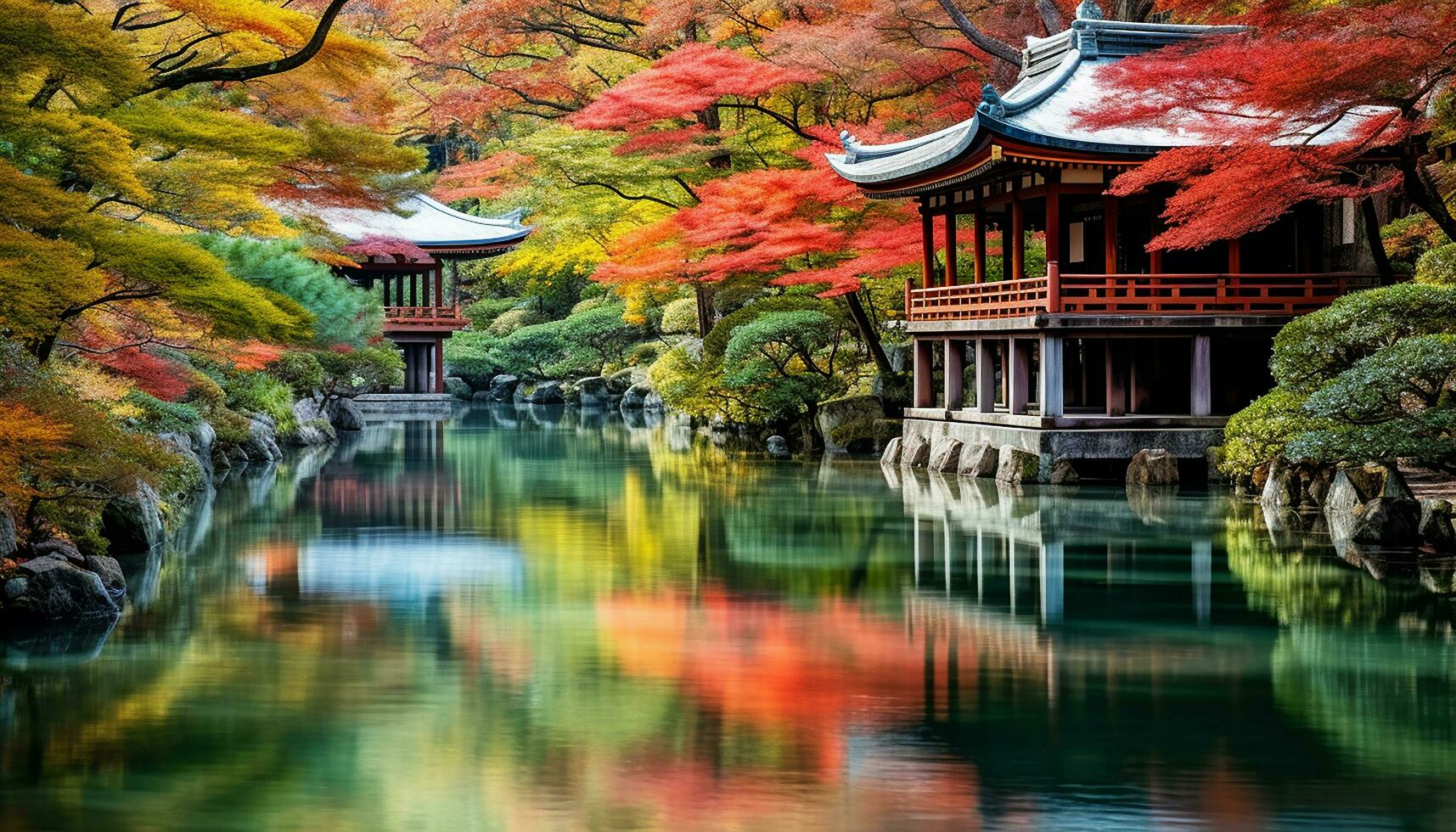 AI generated Autumn leaves paint famous Japanese pagoda in tranquility, generated by AI photo