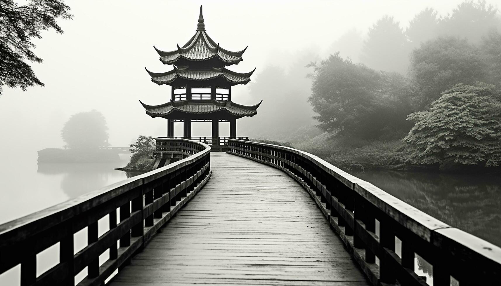 AI generated Ancient pagoda reflects tranquility in Beijing's foggy landscape, generated by AI photo