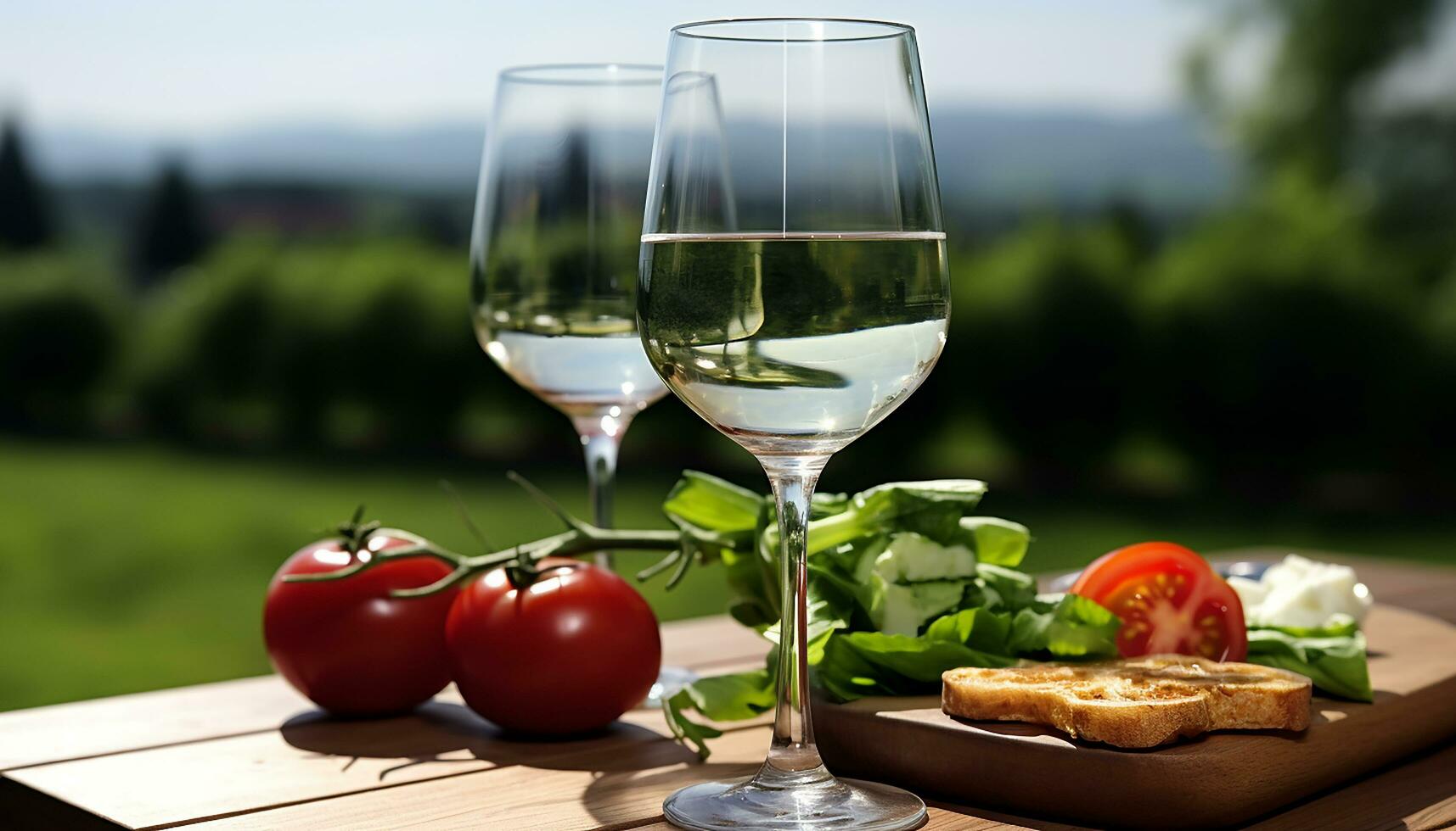 AI generated Fresh tomato on table, wineglass, nature's drink, generated by AI photo